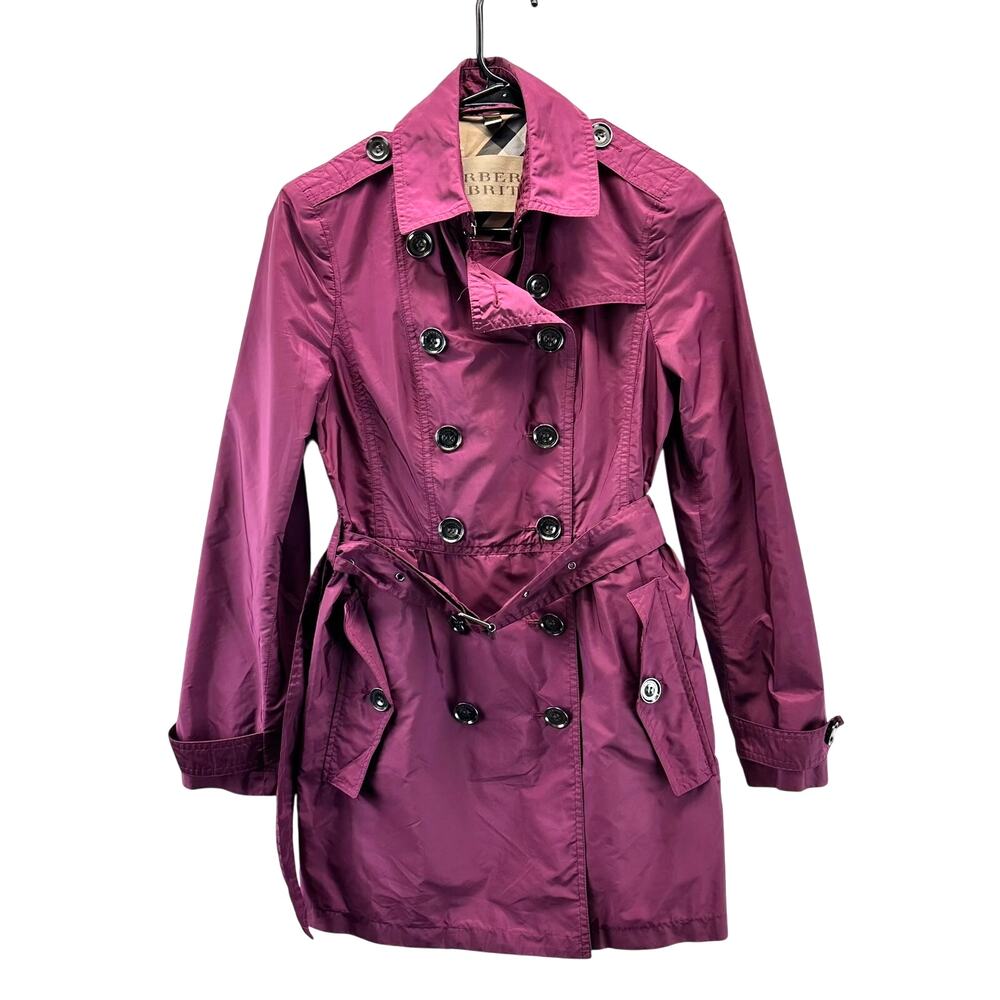 Burberry Brit Women's US 2 Purple Belted Nylon Trench Coat Double Breasted